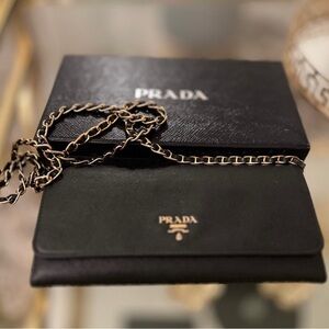 Authentic PRADA Black Leather Saffiano with gold chain